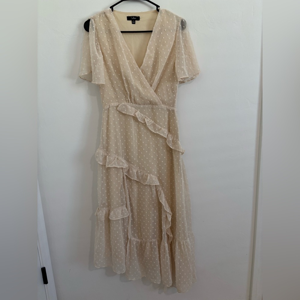 Lulus Sheer Swiss Dot Ruffle Wrap Maxi Dress – Size S